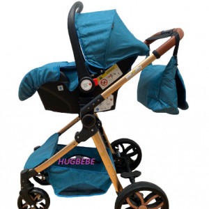 Carucior bebe 3 in 1, cu landou reversibil, suspensii pe roata si pe cadru, T9, turcoaz