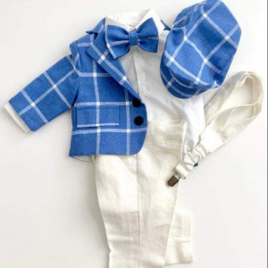 Costum de botez,elegant,albastru 0-12 luni