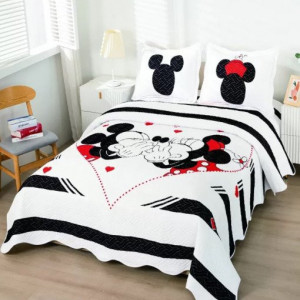 Cuvertura de pat pentru copii, cu 2 fete, din bumbac finet,Love Mickey si Minnie