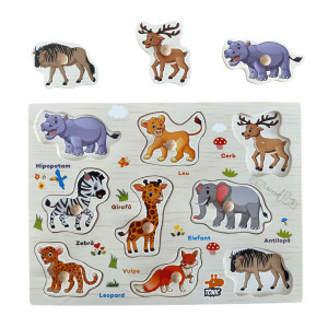 Puzzle incastru, din lemn, in limba romana, animale salbatice