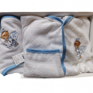 Set de baie 3 piese, halat, prosop cu capison si manusa,alb/bleu - Img 2