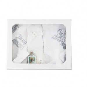 Set trusou botez, 6 piese, alb/argintiu