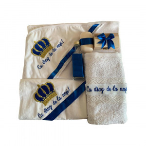 Trusou Botez cu Broderie Coroana cu mesaj, 7 piese, albastru/auriu, en gros - Img 2