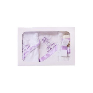Trusou brodat pentru botez, 6 piese, alb/lila