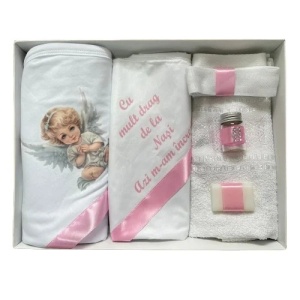 Trusou de botez, 6 piese Ingeras blond, , imprimat, roz
