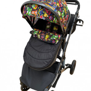Carucior 2 in 1, bebe, cu landou tranformabil si reversibil, roti cu spuma siliconata, geanta cadou, T7,negru cu imprimeu - Img 2