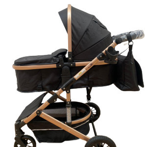 Carucior 2 in 1, bebe, cu landou tranformabil si reversibil, roti cu spuma siliconata, geanta cadou, T7, negru - Img 2