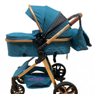 Carucior bebe 3 in 1, cu landou reversibil, suspensii pe roata si pe cadru, T9, turcoaz
