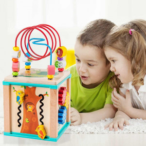 Jucarie Montessori Cub 5in1 labirint din lemn Bufnita - Img 2