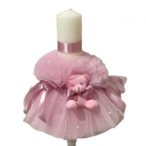 Lumanare de botez cu tulle roz si ursulet