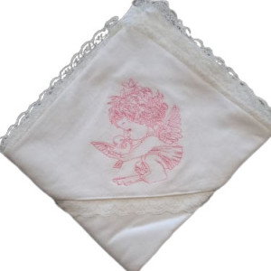 Pled pentru bebelusi, cu broderie ingeras roz, 75*75 cm, ivoire
