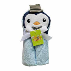 Prosop bebe cu gluga, bumbac fin si absorbant, animalut brodat pe capison, 86*86 cm, Pinguinul bleu