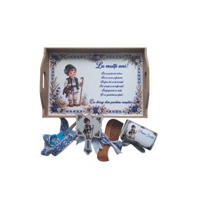 Set 5 piese, tavita de mot, natur, lemn, cu design traditional, baieti, en gros