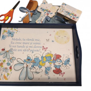 Tavita de mot din lemn vopsit, 5 piese,Strumfii,bleumarin