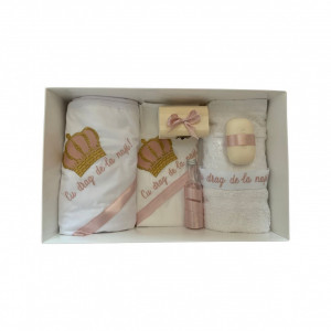 Trusou Botez cu Broderie Coroana cu mesaj, 7 piese, roz/auriu, en gros