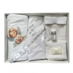 Trusou de botez, 6 piese Baby Ingeras imprimat, alb