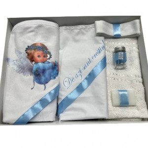 Trusou de botez, 6 piese,Ingeras baietel, bleu, imprimat, en gros