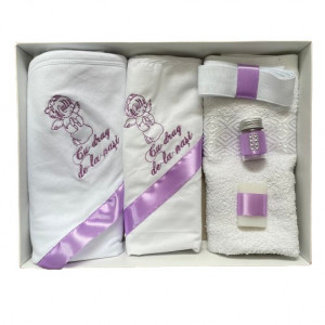 Trusou de botez, 6 piese ,Ingeras brodat ,lila