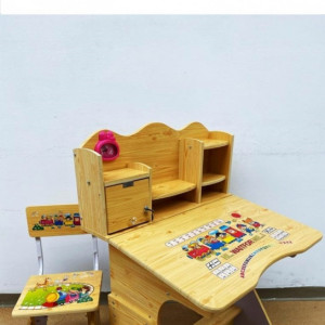 Birou A02 din lemn cu scaun pentru copii, reglabil, cu rafturi, cutie depozitare, ceas - Img 2