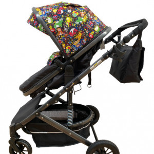 Carucior 2 in 1, bebe, cu landou tranformabil si reversibil, roti cu spuma siliconata, geanta cadou, T7,negru cu imprimeu - Img 3