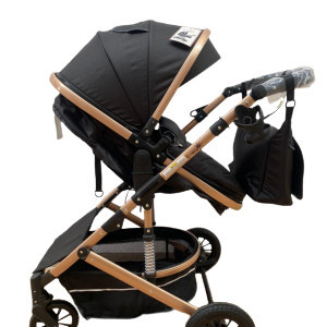 Carucior 2 in 1, bebe, cu landou tranformabil si reversibil, roti cu spuma siliconata, geanta cadou, T7, negru - Img 3