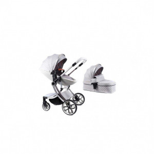 Carucior 2 in 1, cu landou anatomic, roti mari si pivotante, geanta cadou, F1, Egg Shape, gri - Img 3
