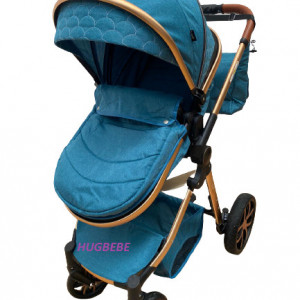 Carucior bebe 3 in 1, cu landou reversibil, suspensii pe roata si pe cadru, T9, turcoaz