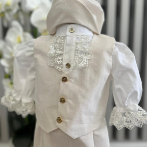 Costum de vara elegant, cu camasa cu jabou, crem, 0-9 luni, en gros - Img 2