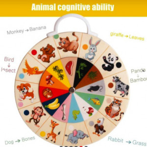 Joc de lemn, disc educativ cu 2 fete, tabla inmultirii si hrana animalelor
