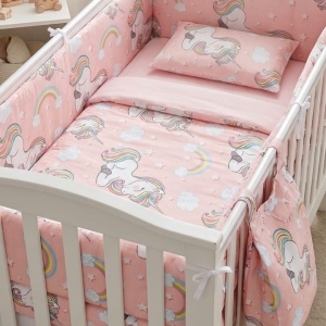 Lenjerie pat bebelusi, cu 7 piese,include aparatori laterale, Unicorn Roz