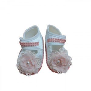 Pantofi eleganti fetite,roz cu floricica,marime 0-4 luni