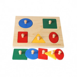 Puzzle incastru Montessori din lemn cu maner Forme Geometrice