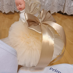 Set complet pentru botez, cu trusou complet si lumanare, costum si set de baita, Mickey auriu/bleumarin