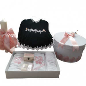 Set complet pentru botez, trusou, coronita printesa, lumanare, cufar, rochita, albastru/roz pudra - Img 3