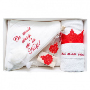 Trusou pentru botez,6 piese,decorat cu dantela rosie