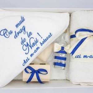 Trusou pentru botez, albastru, funda 2 culori, 7 piese