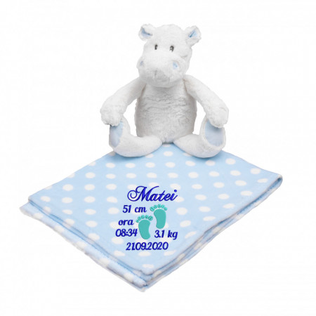 Hipopotam cu paturica personalizata brodata "Hippo boy"