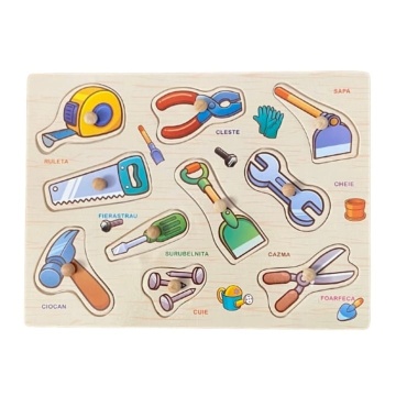 Puzzle din lemn Incastru, cu maner, Unelte in limba Romana, 10 piese