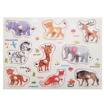 Puzzle de lemn, tablita incastru in limba romana, animale salbatice, 9 piese