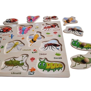 Puzzle de lemn Incastru din lemn cu Insecte in limba romana, 10 piese