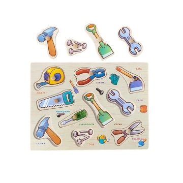Puzzle din lemn Incastru, cu maner, Unelte in limba Romana, 10 piese