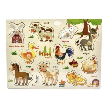 Puzzle incastru animale domestice, 10 piese cu maner si descriere in limba romana