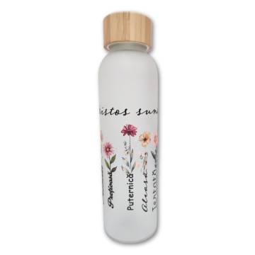 Sticla de apa din sticla mata "In Hristos sunt unica, speciala, iubita, pretioasa, puternica, aleasa, iertata" - 600 ml