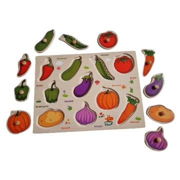 Puzzle din lemn cu Incastru cu maner cu Legume in Limba Romana, 10 piese