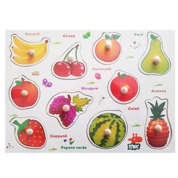 Puzzle lemn, tablita incastru in limba romana, fructe, 10 piese