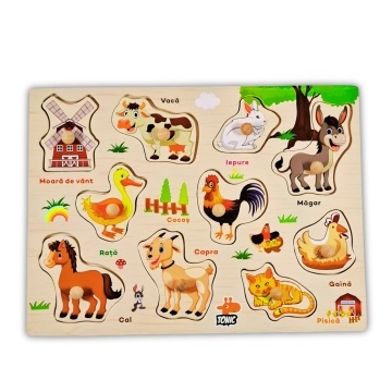 Puzzle incastru animale domestice, 10 piese cu maner si descriere in limba romana