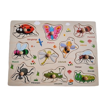 Puzzle de lemn Incastru din lemn cu Insecte in limba romana, 10 piese