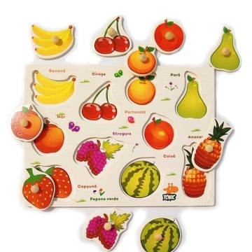 Puzzle lemn, tablita incastru in limba romana, fructe, 10 piese