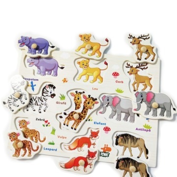 Puzzle lemn, tablita incastru in limba romana, animale salbatice, 9 piese