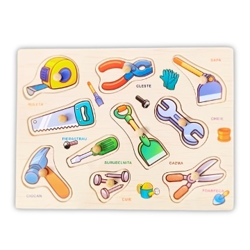 Puzzle din lemn Incastru, cu maner, Unelte in limba Romana, 10 piese